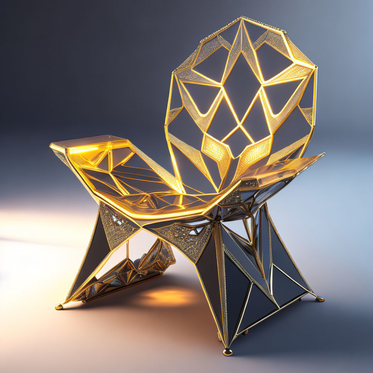 Futuristic geometric chair with illuminated lines and metallic gold finish