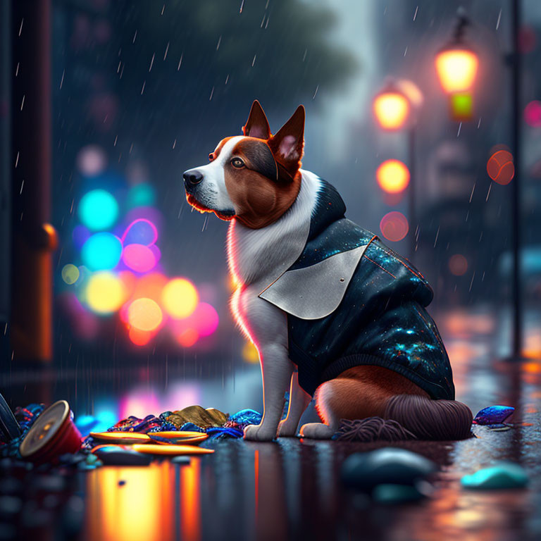 Pensive dog in space-themed jacket on rain-soaked street surrounded by colorful lights and gems