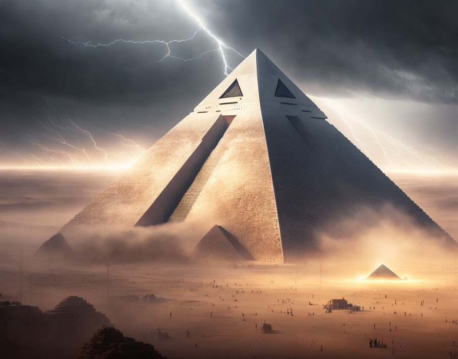 Futuristic pyramid stands out in stormy desert scene