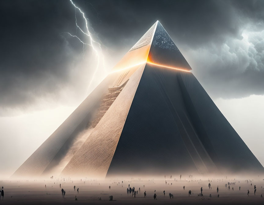 Futuristic glowing pyramid in stormy sky with lightning, desert silhouettes