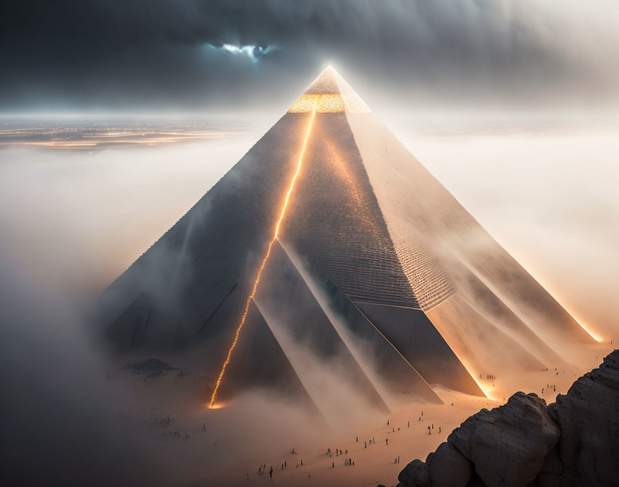 Mystical illuminated pyramid in foggy landscape