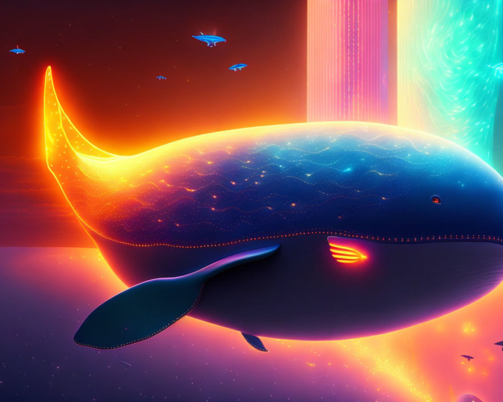 Vibrant digital art: stylized whale in neon oceanic scene