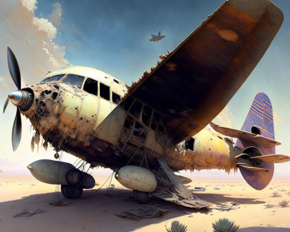 Abandoned airplane in desert with faded paint and flying aircraft