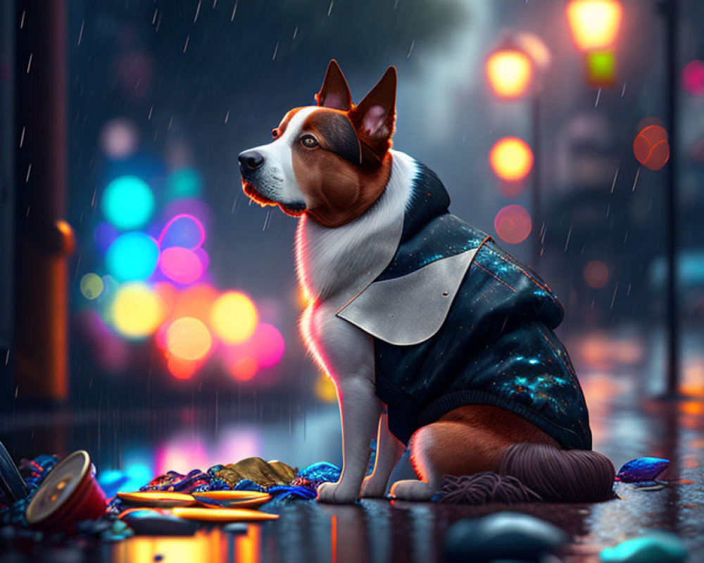 Pensive dog in space-themed jacket on rain-soaked street surrounded by colorful lights and gems