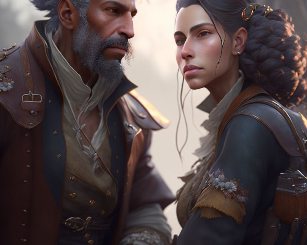 Detailed Fantasy-Inspired Bearded Man and Woman Portrait