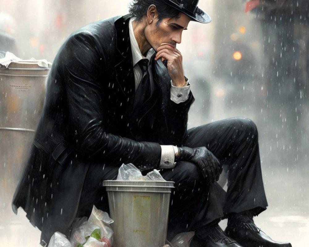 Man in Black Suit and Hat Sitting on Curb in Rain