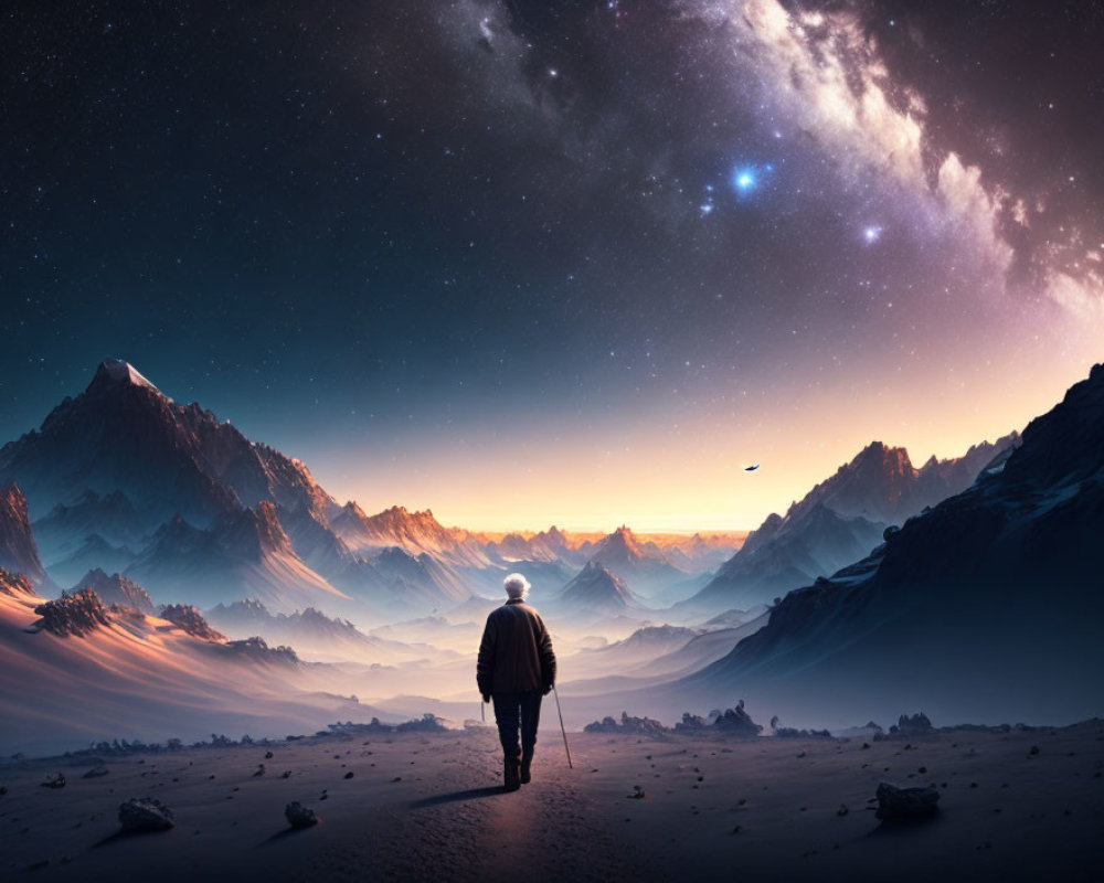 Person standing before snow-covered mountains under starry night sky with visible galaxy