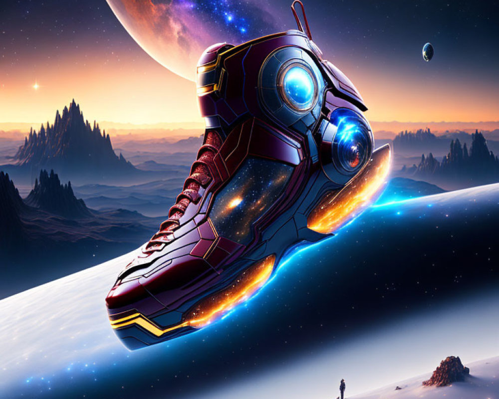 Futuristic sneaker-shaped spaceship over surreal alien landscape