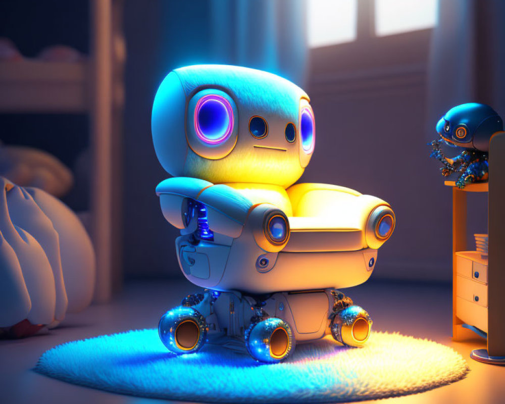 Two Cute Robots in Cozy Room Dusk Scene