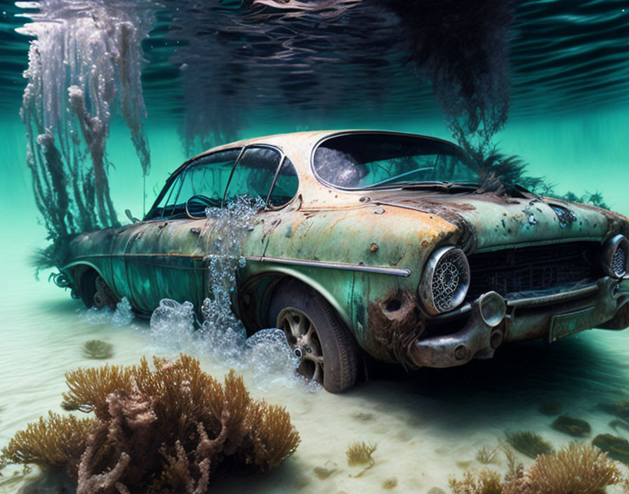 Rusted car submerged underwater among coral and sea plants