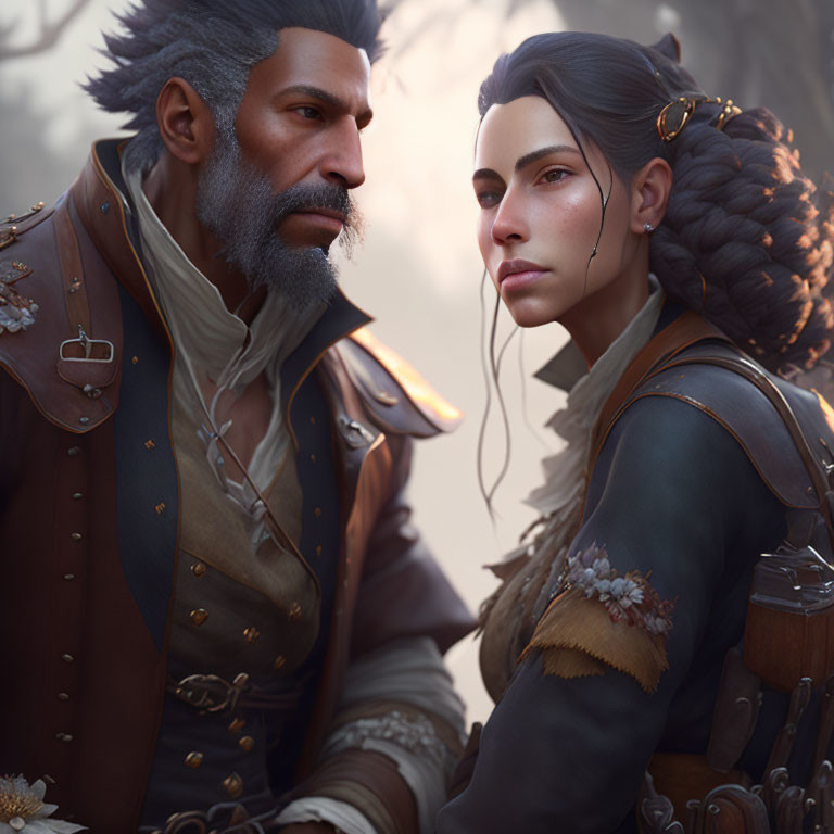 Detailed Fantasy-Inspired Bearded Man and Woman Portrait