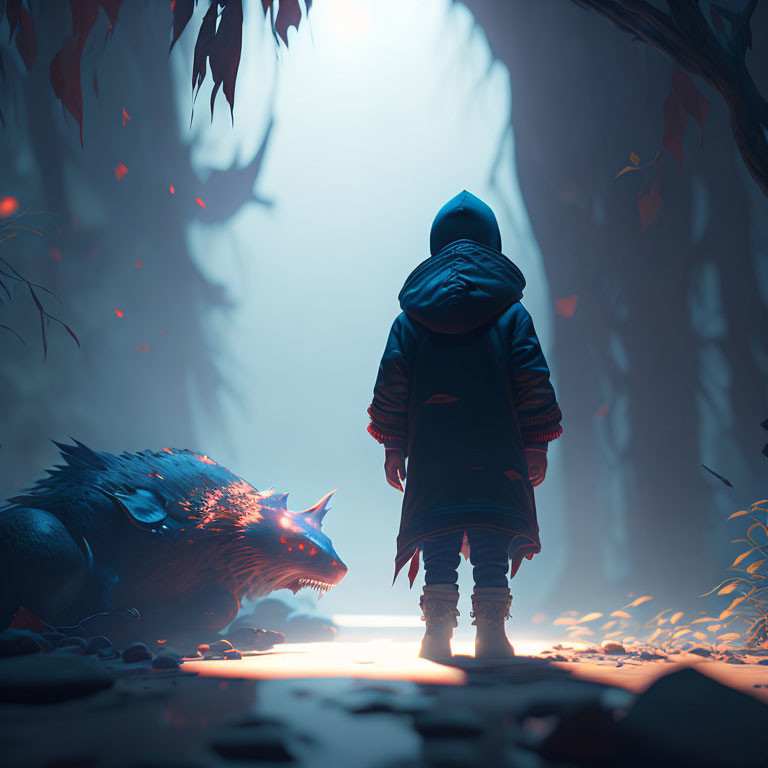 Child in hooded jacket with blue creature in misty forest.