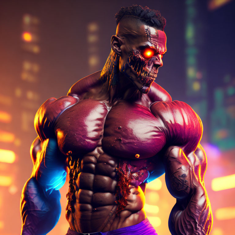 Cybernetic humanoid with skeletal face in futuristic cityscape