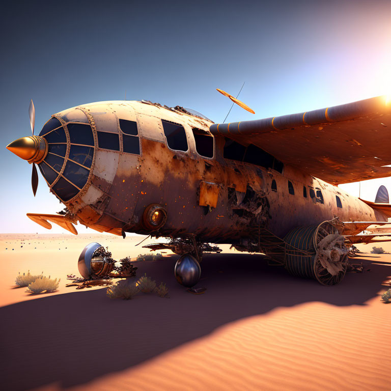 Abandoned propeller plane in desert with rusted fuselage and scattered parts