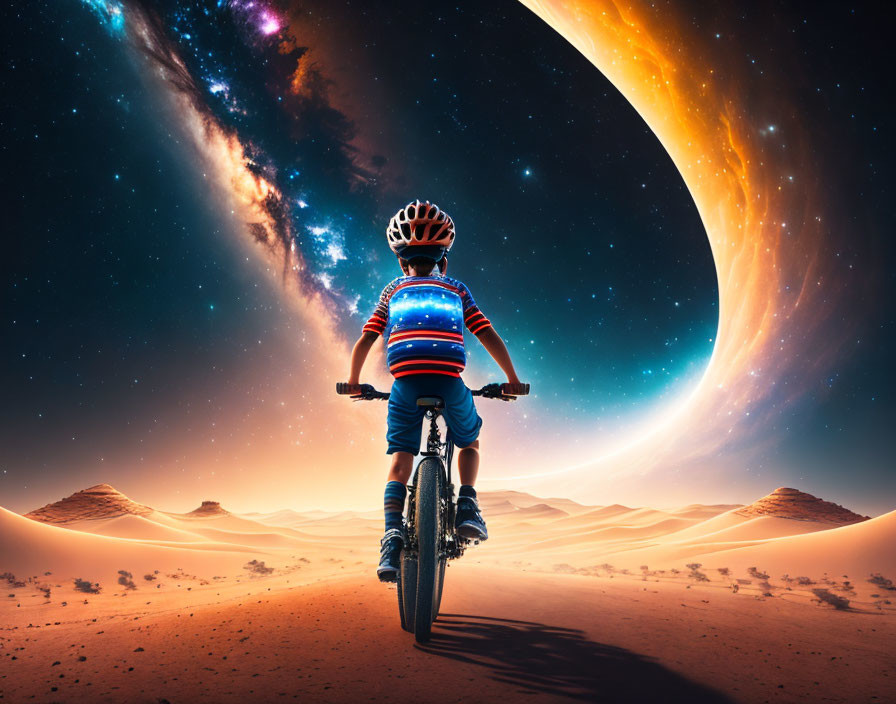 Child on Bicycle Observing Surreal Cosmic Horizon