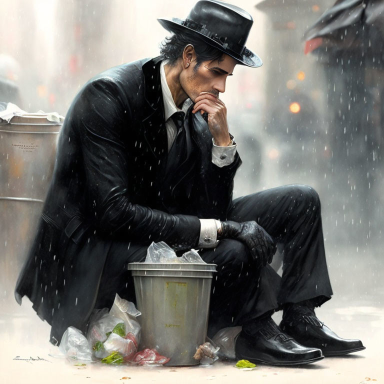 Man in Black Suit and Hat Sitting on Curb in Rain