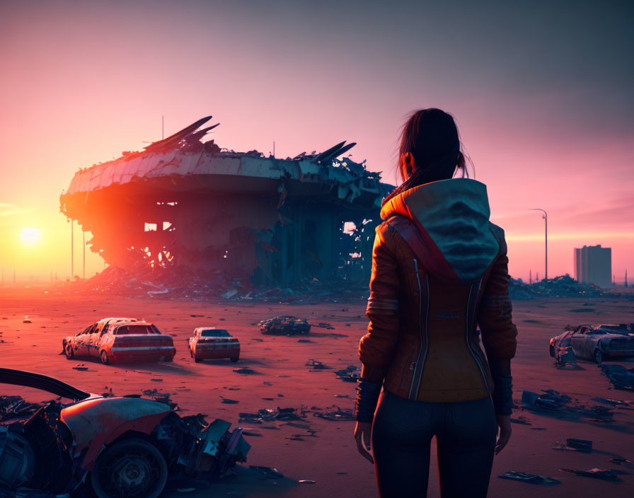 Woman in leather jacket gazes at dystopian scene with destroyed building and cars under hazy sunset sky