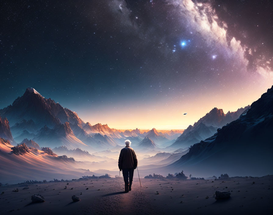 Person standing before snow-covered mountains under starry night sky with visible galaxy