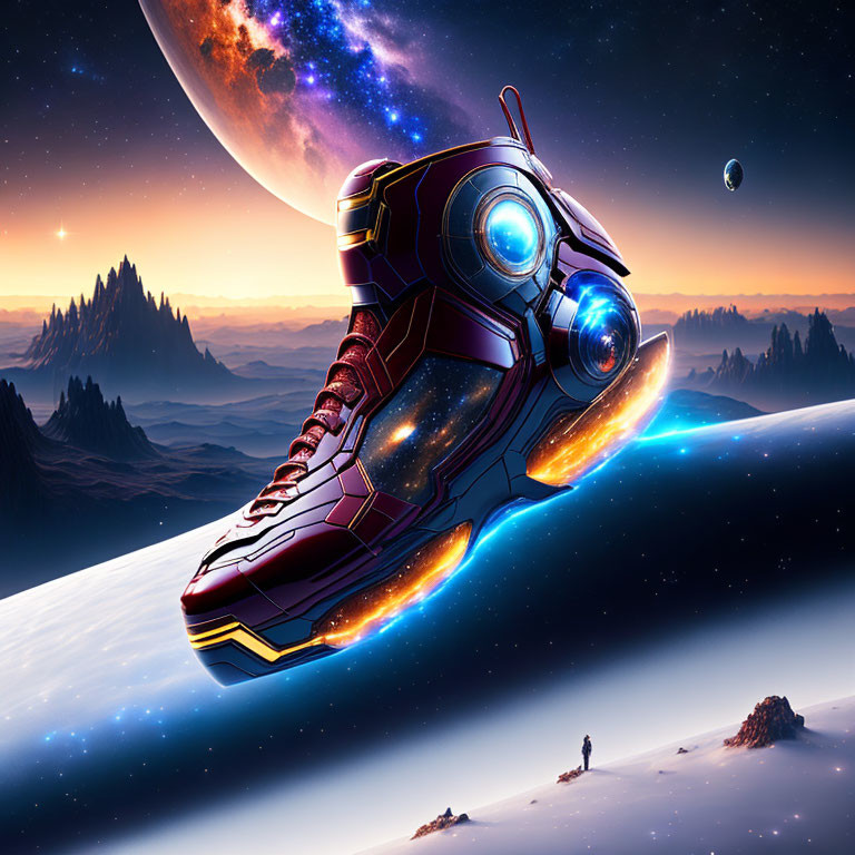 Futuristic sneaker-shaped spaceship over surreal alien landscape