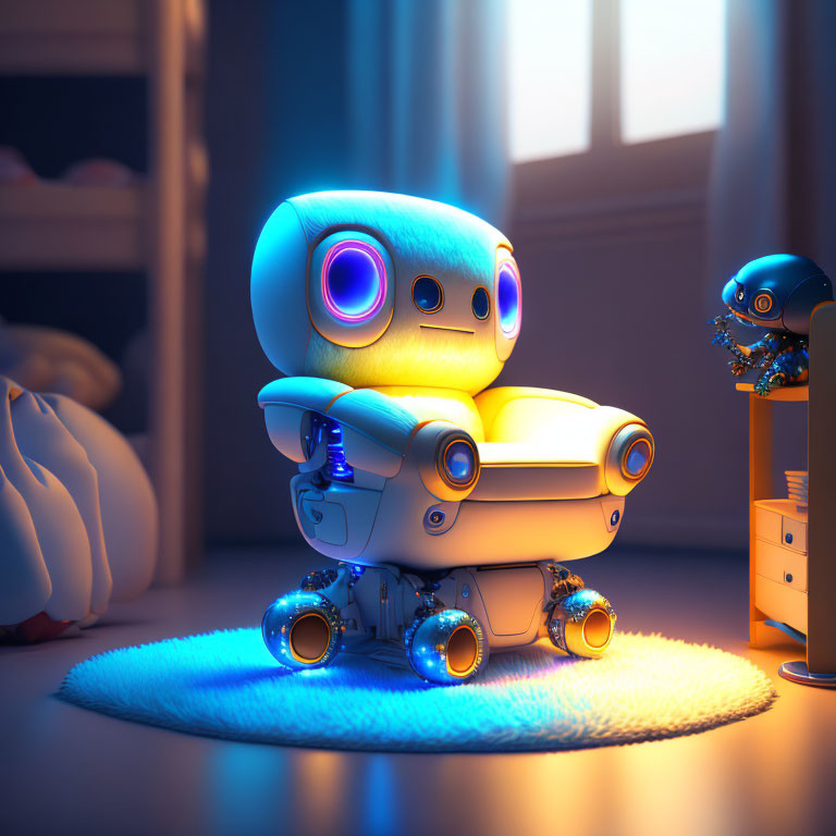 Two Cute Robots in Cozy Room Dusk Scene