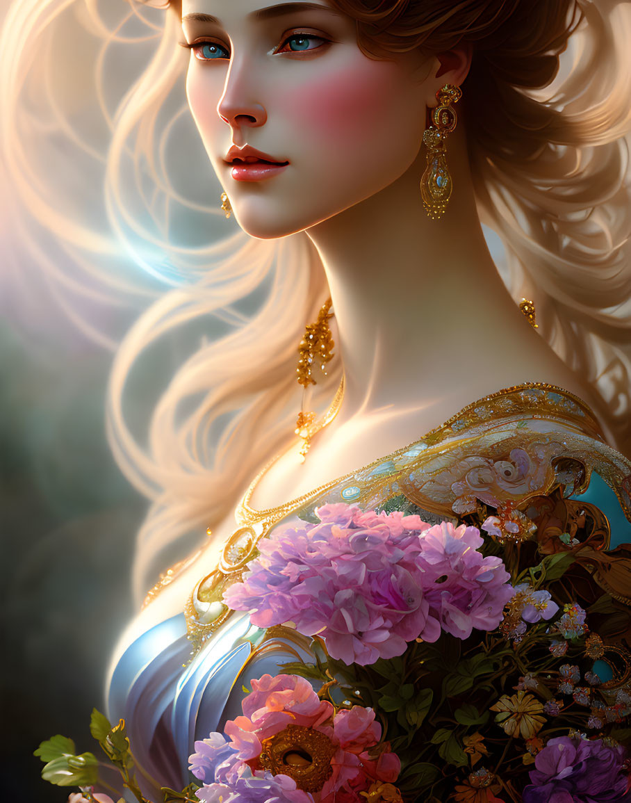 Blonde woman portrait with pink flowers bouquet & ornate jewelry