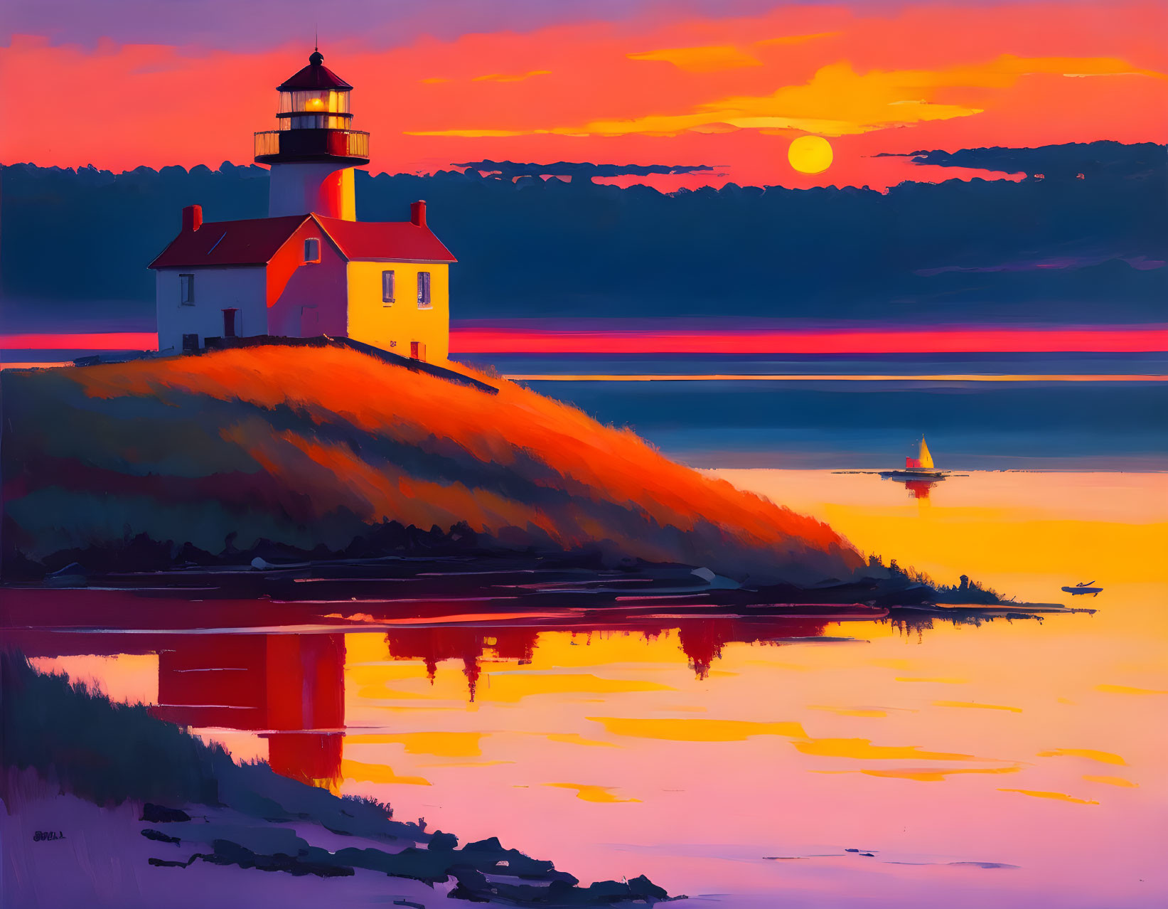 Scenic sunset lighthouse illustration with sailboat on calm waters