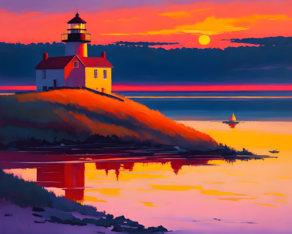 Scenic sunset lighthouse illustration with sailboat on calm waters