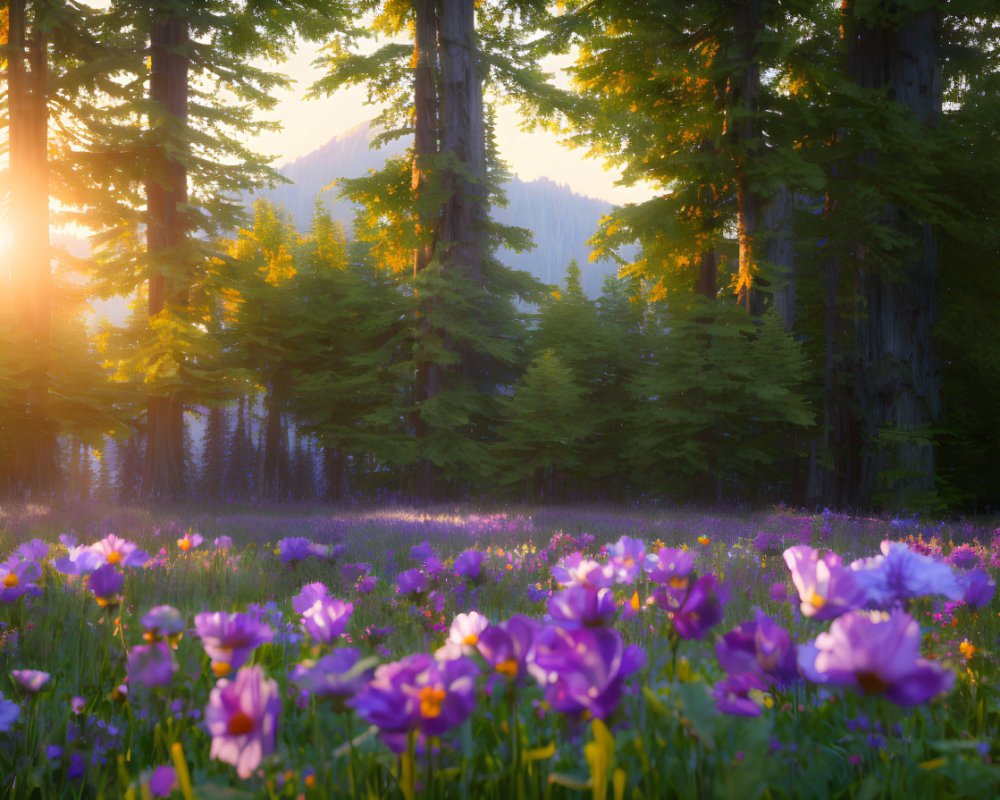 Sunrise forest scene with sunbeams and purple wildflowers