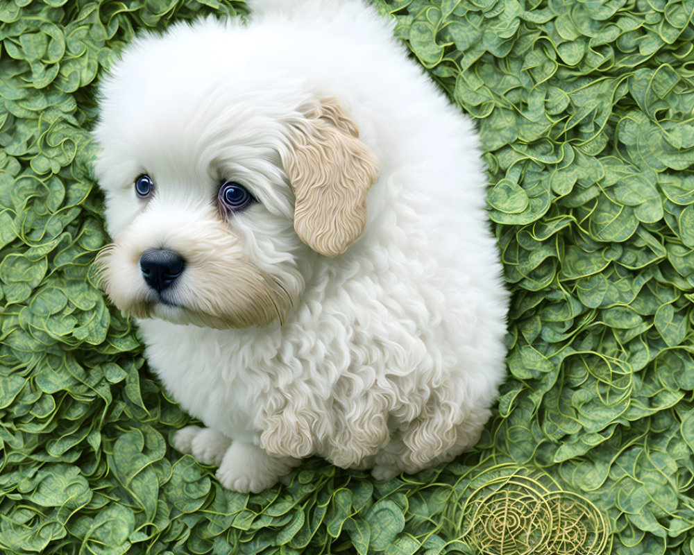 Fluffy White Puppy on Green Clover Bed