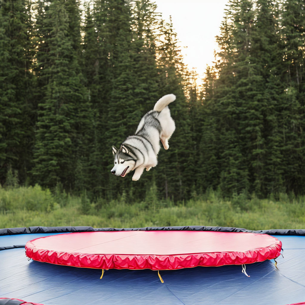 Siberian Husky jumping on red and blue trampoline in forest landscape