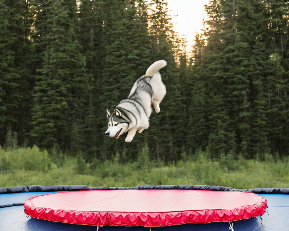 Siberian Husky jumping on red and blue trampoline in forest landscape