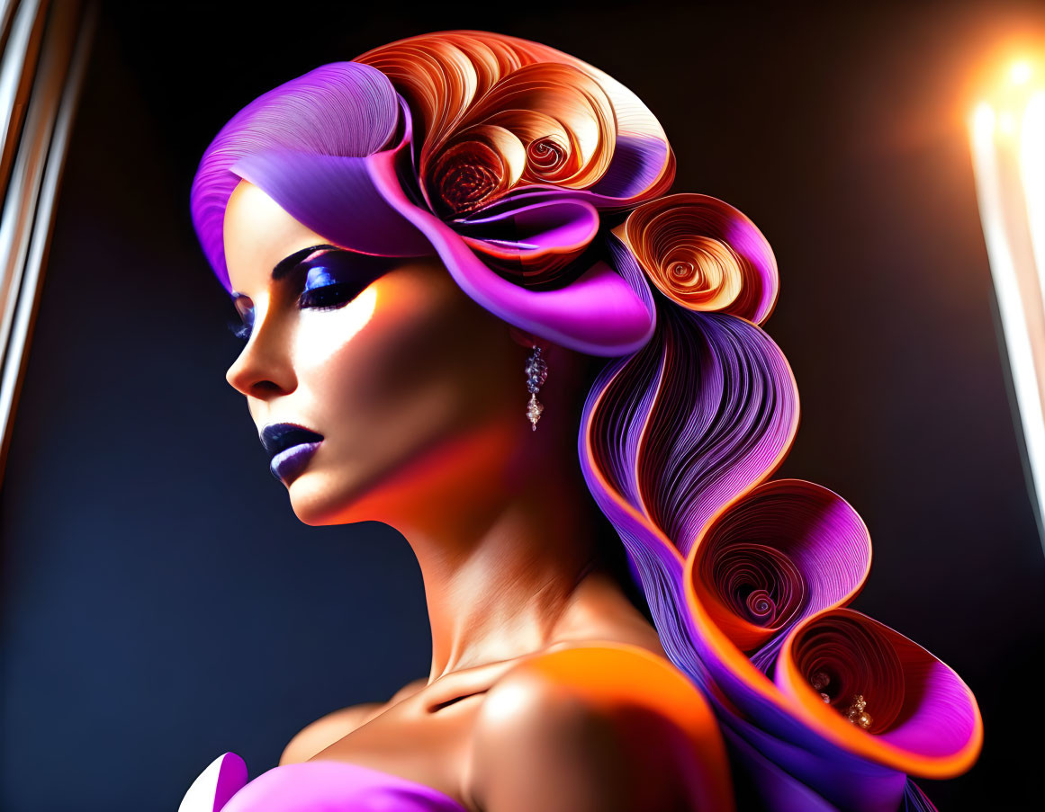 Elaborate Purple Hair Portrait with Swirls and Roses