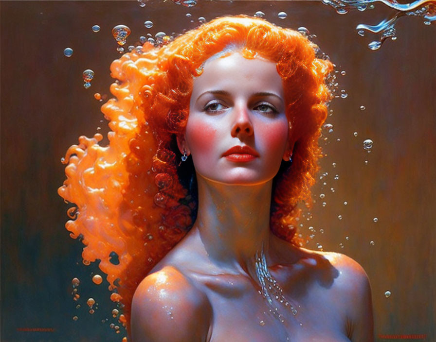 Red-haired woman in water with bubbles and blue eyes.