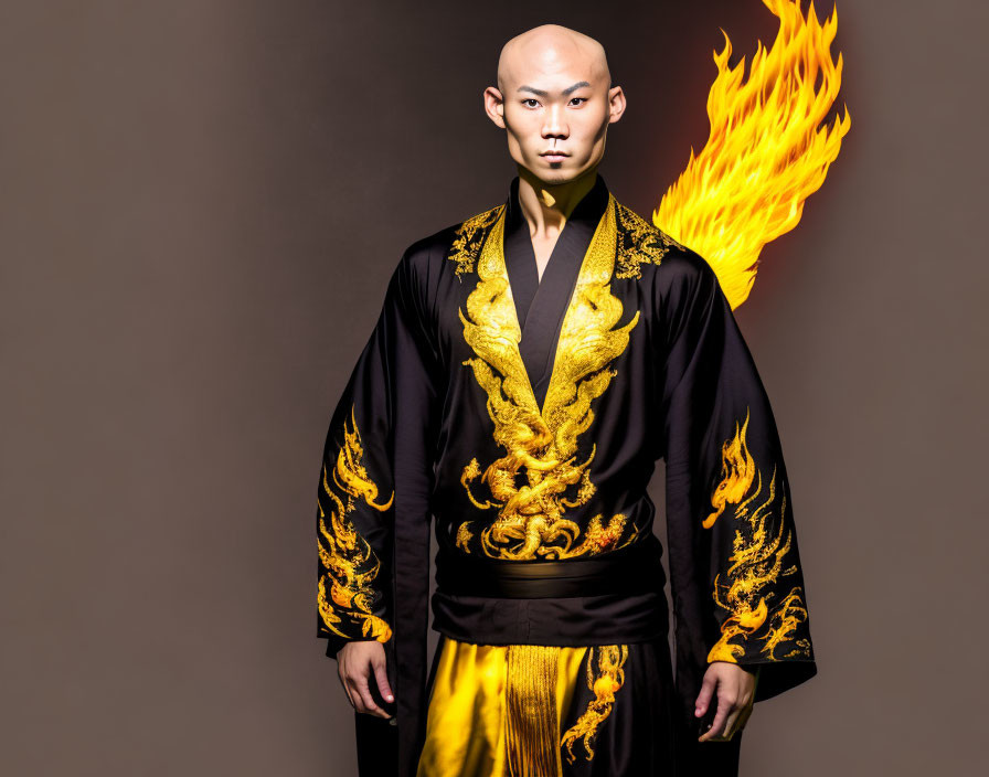 Bald person in black and gold dragon robe with fire effect against brown backdrop