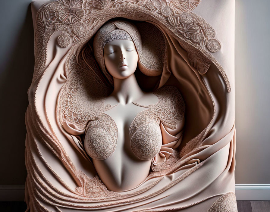 Intricate floral-themed sculpture of a woman in earthy tones