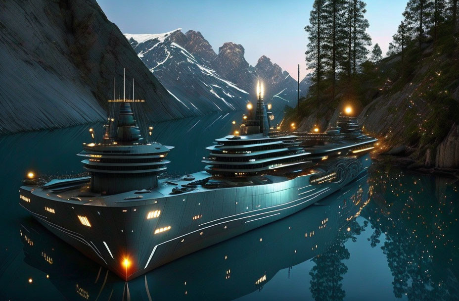 Luxury yacht with multiple decks anchored on mountain lake at dusk