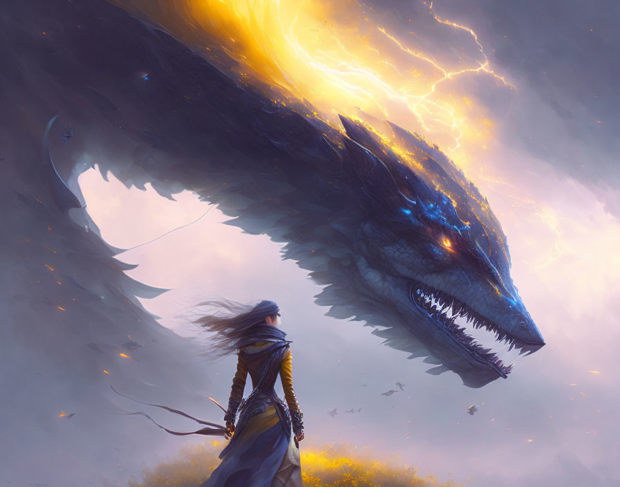 Gigantic dragon confronts person in storm with lightning.