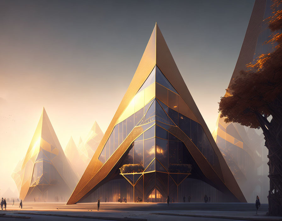 Futuristic pyramid-shaped building with glass panels and gold accents at dusk