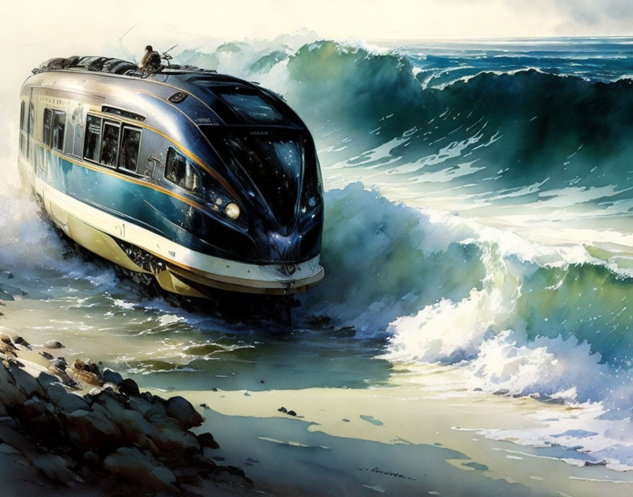 Illustration: Train surfing ocean waves under dramatic sky