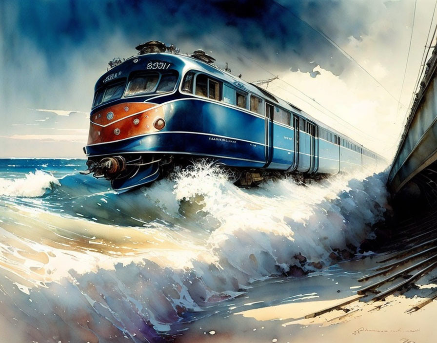 Vintage Blue Train Painting on Coastal Railway Stormy Sky