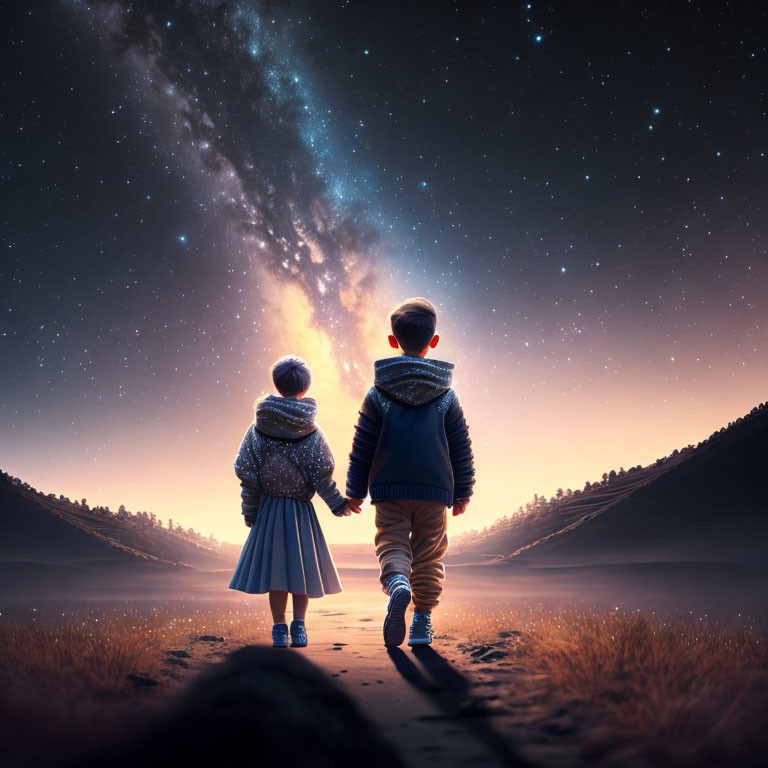 Children holding hands under starry night sky with Milky Way above serene landscape