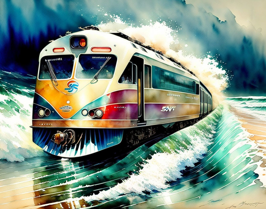 Vibrant train painting with dynamic brushstrokes in water scene