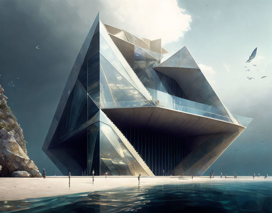 Geometric glass building on sea cliff under hazy sky