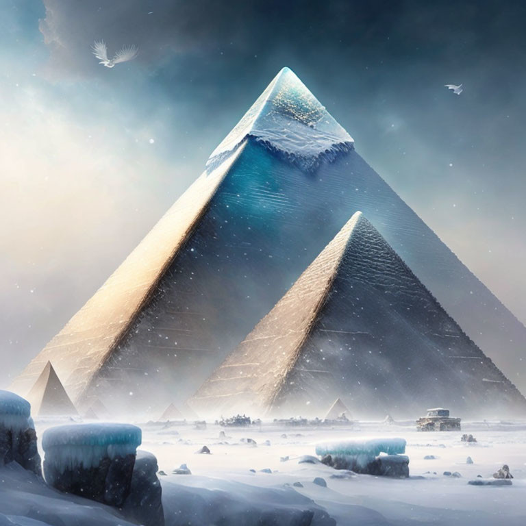 Surreal snowy landscape with large pyramids and birds