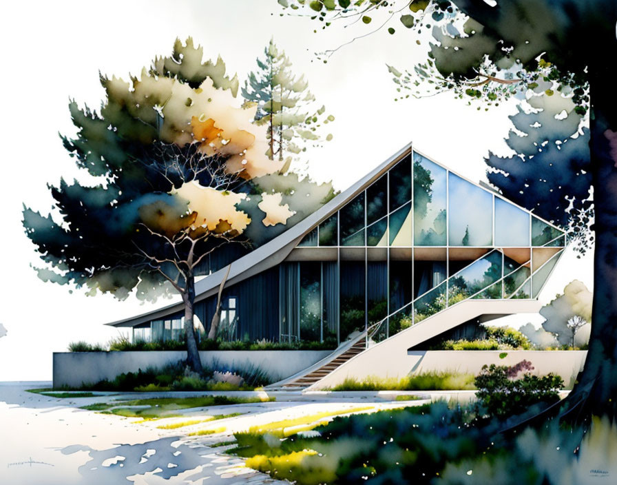 Modern glass house with triangular roof and lush surroundings