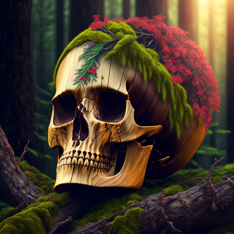 Human skull in forest setting with moss, branches, greenery, and red flowers