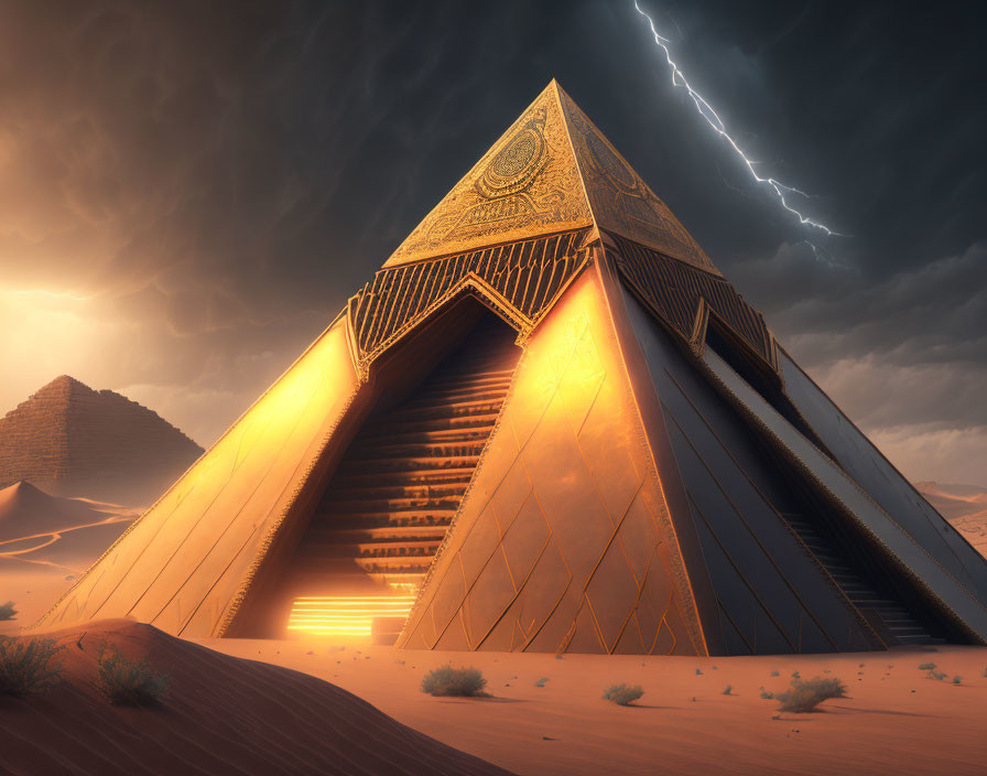 Futuristic pyramid with glowing patterns under stormy sky in desert setting