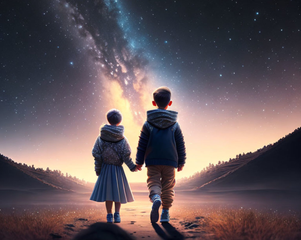 Children holding hands under starry night sky with Milky Way above serene landscape