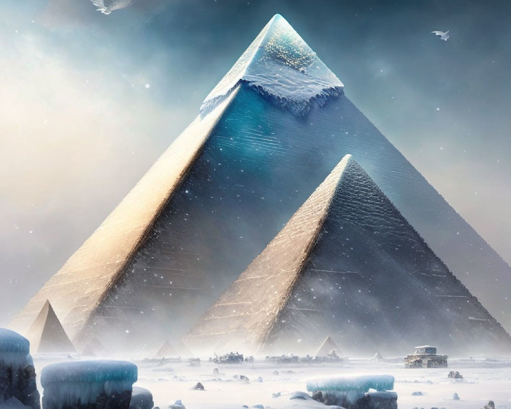 Surreal snowy landscape with large pyramids and birds