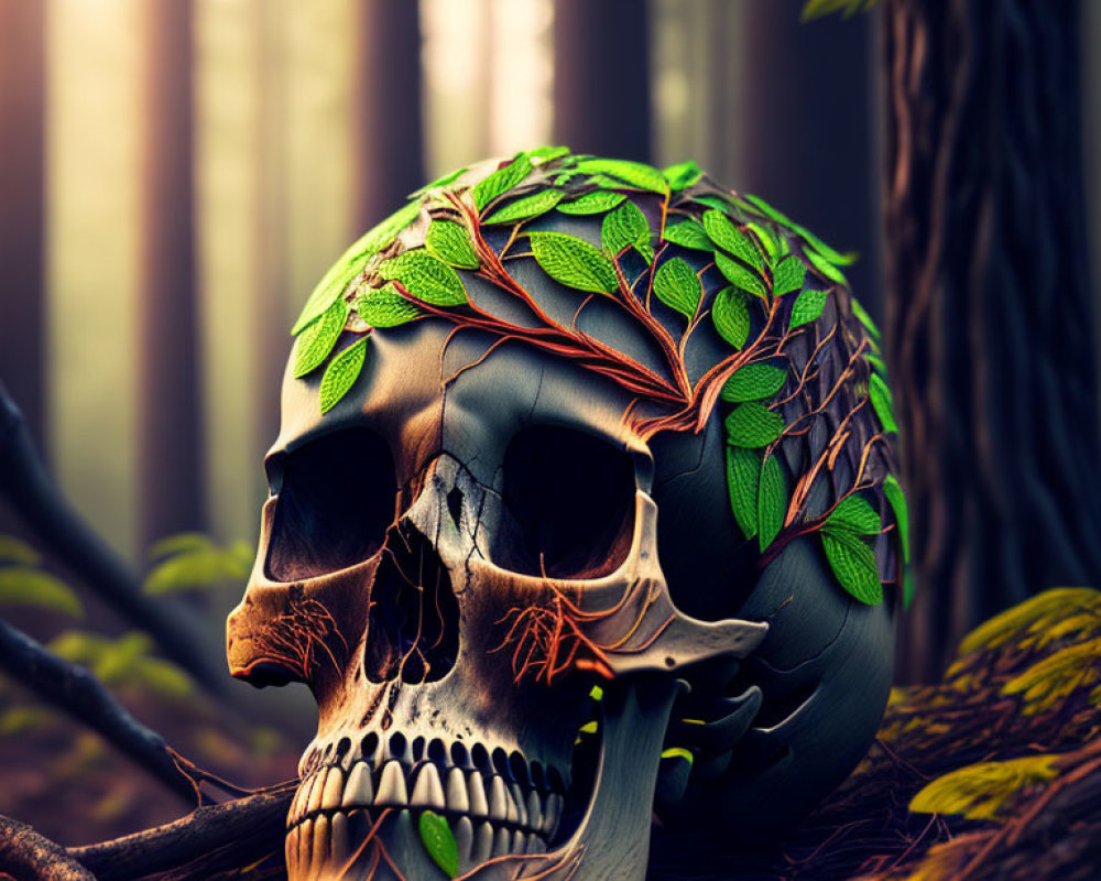 Skull with green ivy on forest floor and trees.